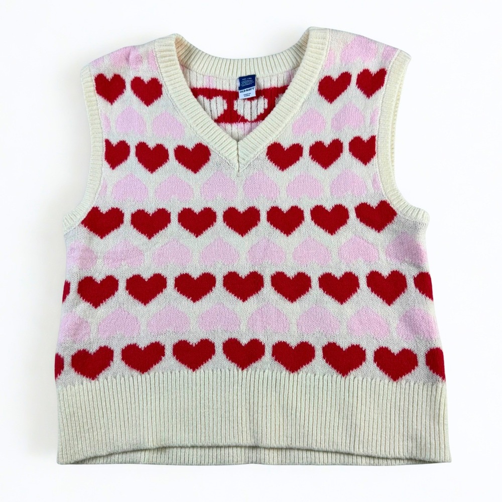 Old Navy Heart Sweater Vest Girls XXL 18 Pink Red White V-Neck Knit Coquette‎